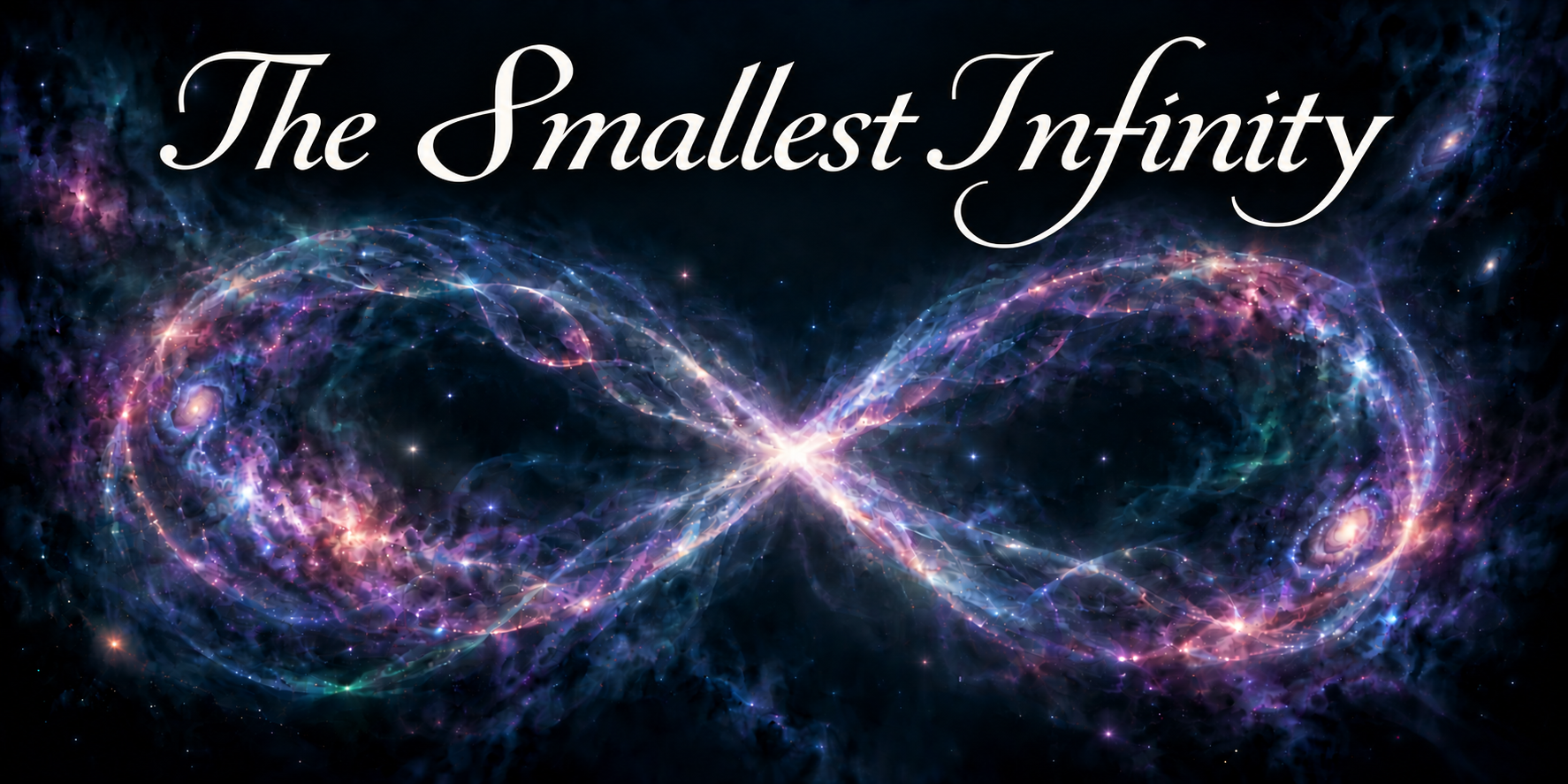 The Smallest Infinity in ivory calligraphy above a luminous cosmic infinity of violet and blue stardust.